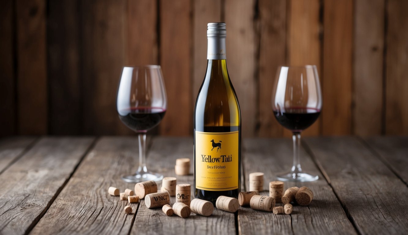 A bottle of Yellow Tail Shiraz sits on a rustic wooden table, surrounded by a scattering of wine corks and a few wine glasses