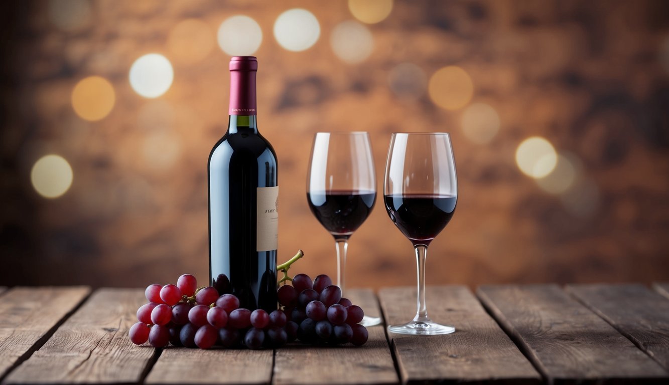 A rustic wooden table with a bottle of Apothic Red wine, two elegant glasses, and a scattering of deep red grapes