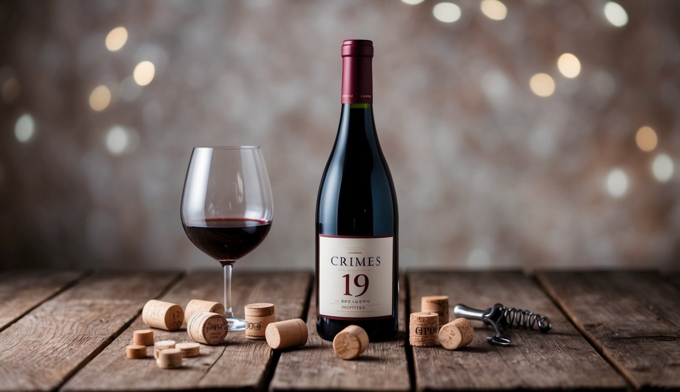 A bottle of 19 Crimes Red Blend wine sits on a rustic wooden table, surrounded by a few scattered wine corks and a corkscrew