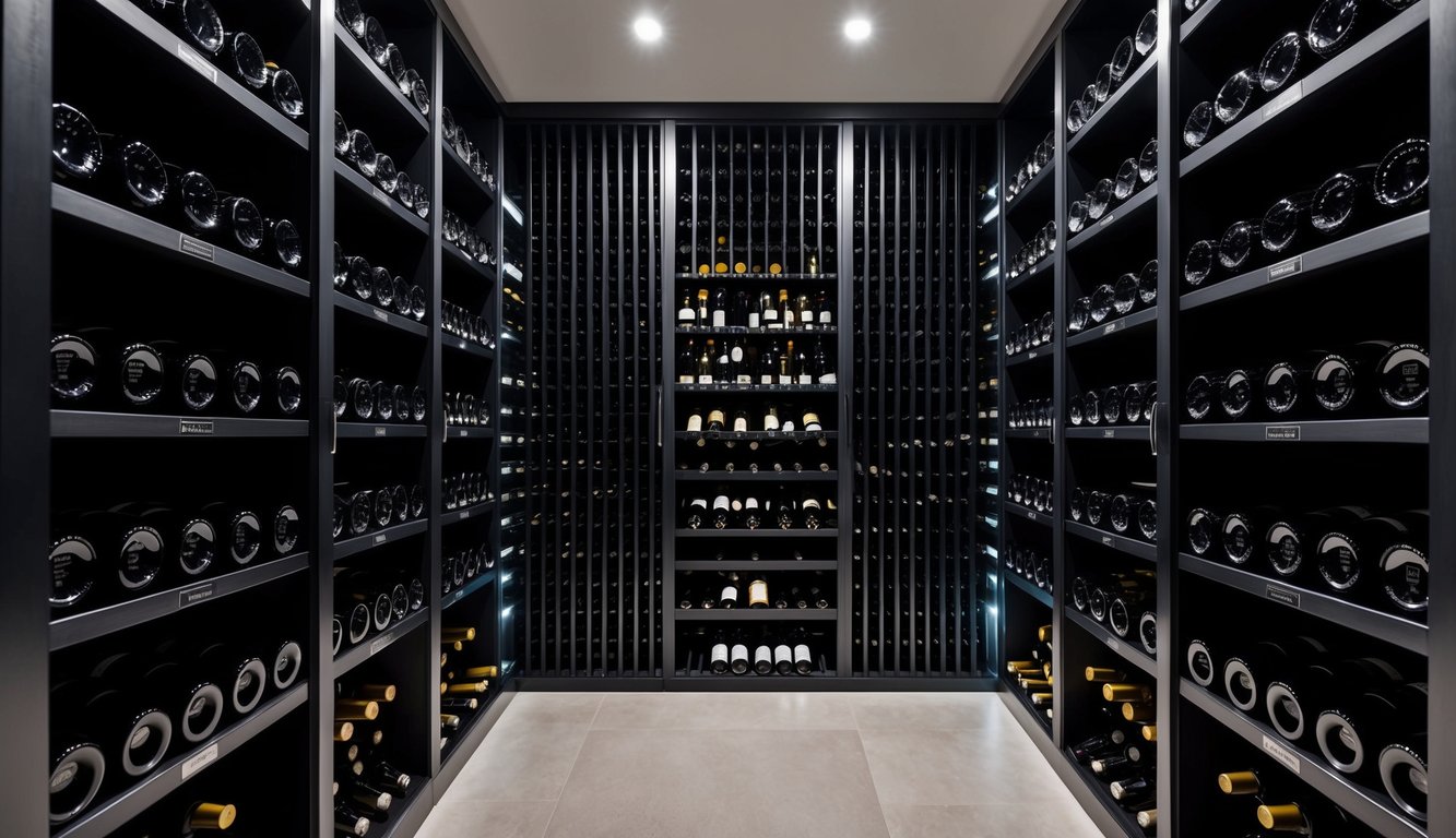 A sleek, modern wine cellar with floor-to-ceiling racks, dim lighting, and rows of neatly organized bottles