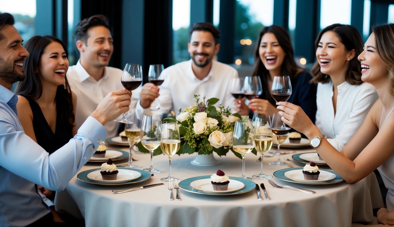 A table set with elegant dinnerware, surrounded by friends laughing and enjoying glasses of Cupcake Vineyards Pinot Grigio