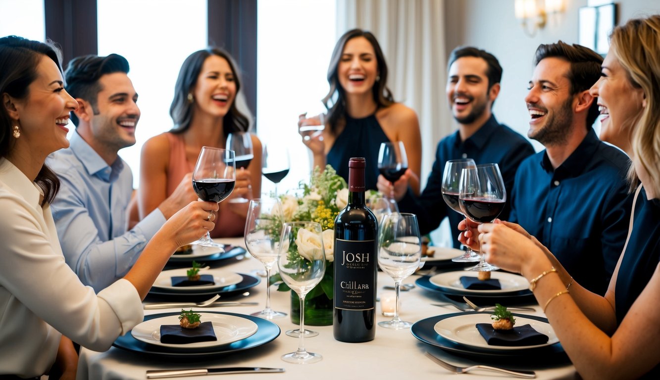 A table set with elegant dinnerware, surrounded by friends laughing and enjoying glasses of Josh Cellars Cabernet Sauvignon