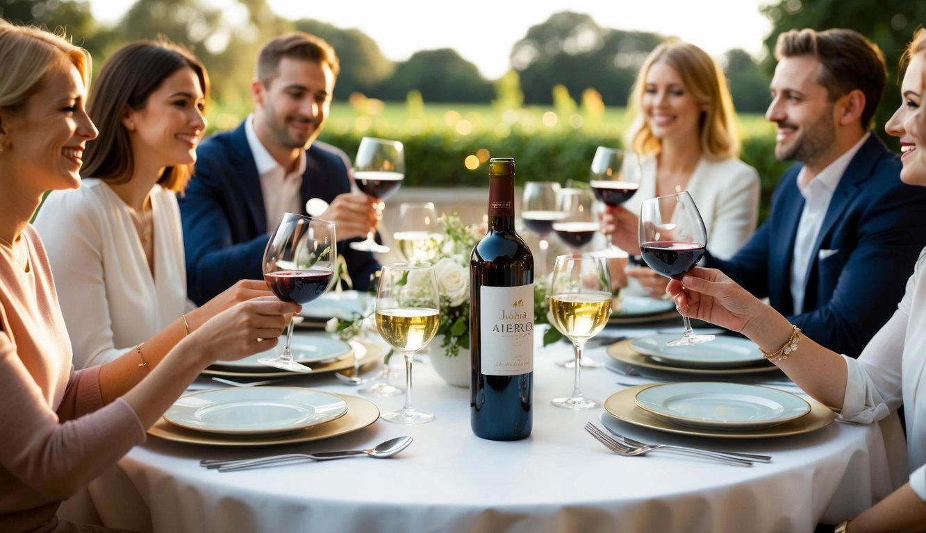 A table set with elegant dinnerware, surrounded by friends enjoying glasses of 14 Hands Merlot