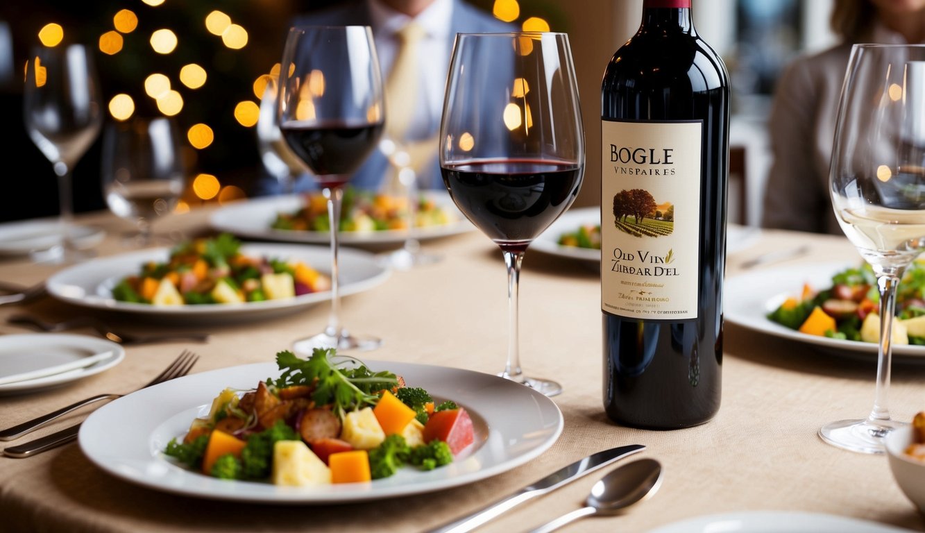 A table set with elegant wine glasses, a bottle of Bogle Vineyards Old Vine Zinfandel, and a spread of delicious food for a dinner party