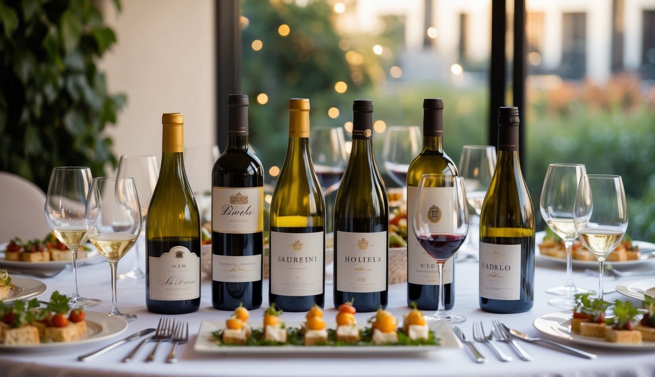 A table set with various bottles of wine, surrounded by elegant glassware and appetizers, ready for a dinner party