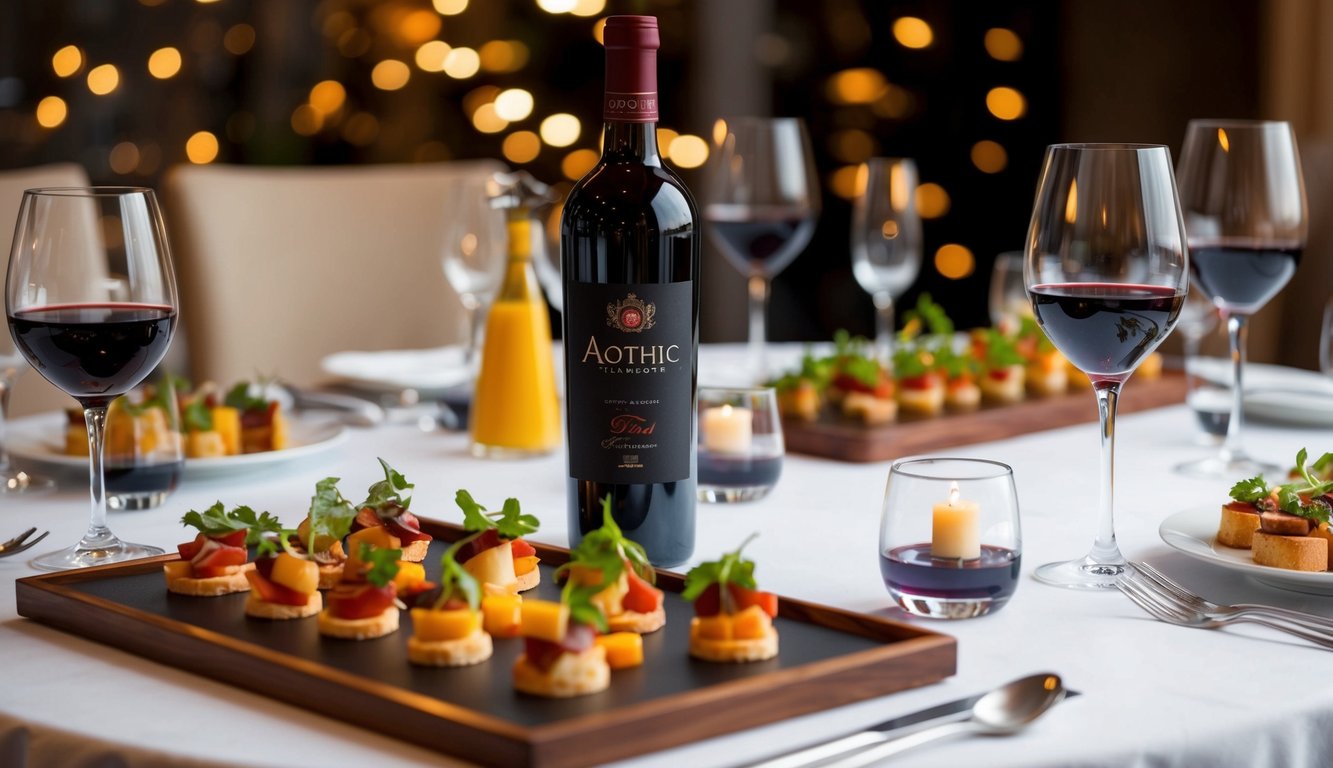 A table set with elegant glassware, a bottle of Apothic Red Blend, and a spread of gourmet appetizers for a dinner party