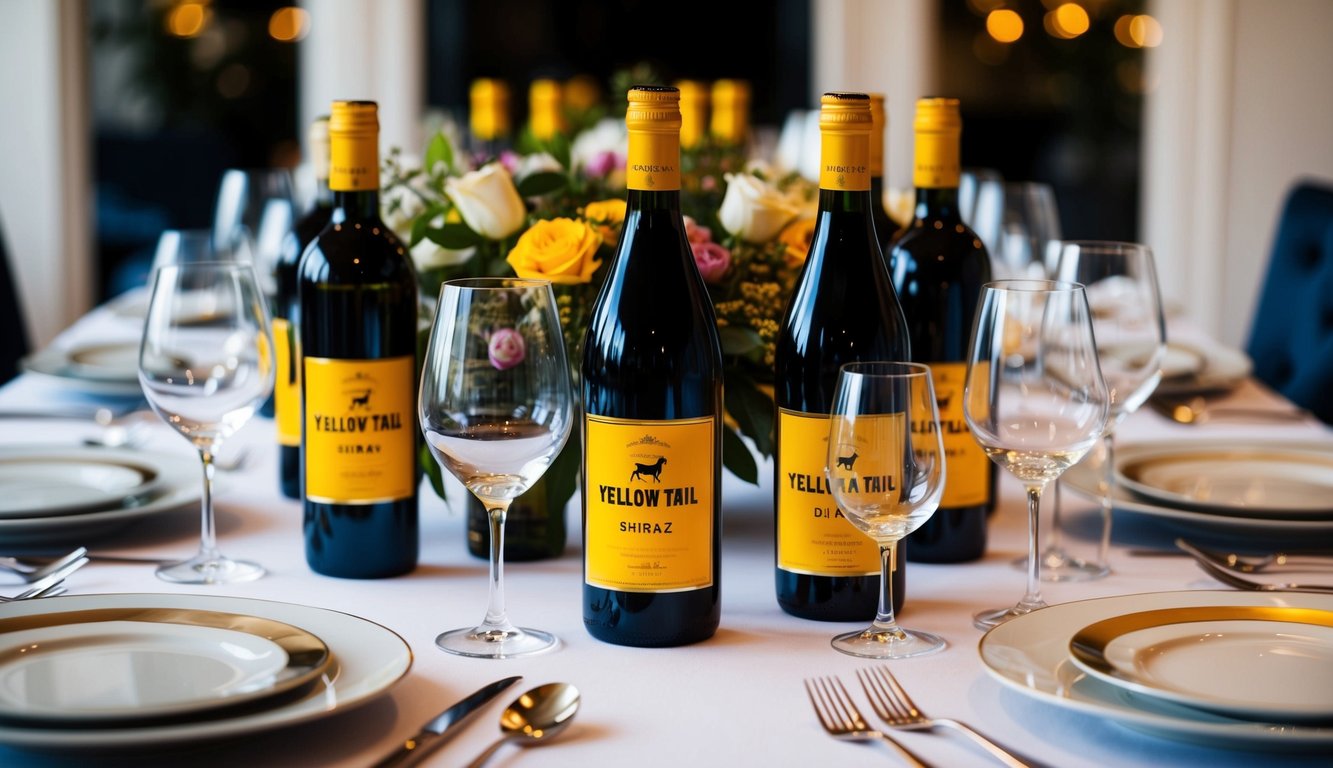 A table set for a dinner party with bottles of Yellow Tail Shiraz, surrounded by wine glasses and elegant dinnerware