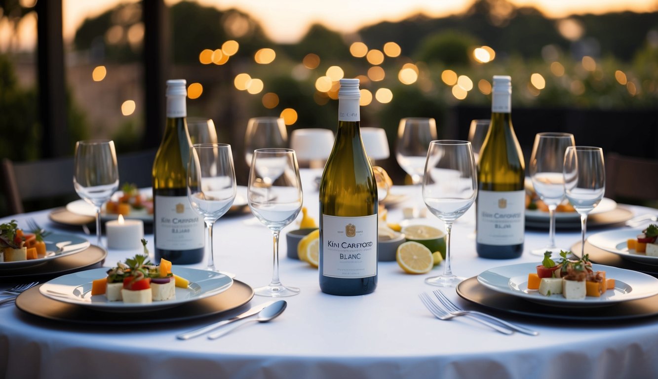 A table set with elegant glassware and bottles of Kim Crawford Sauvignon Blanc surrounded by appetizers and dinner plates