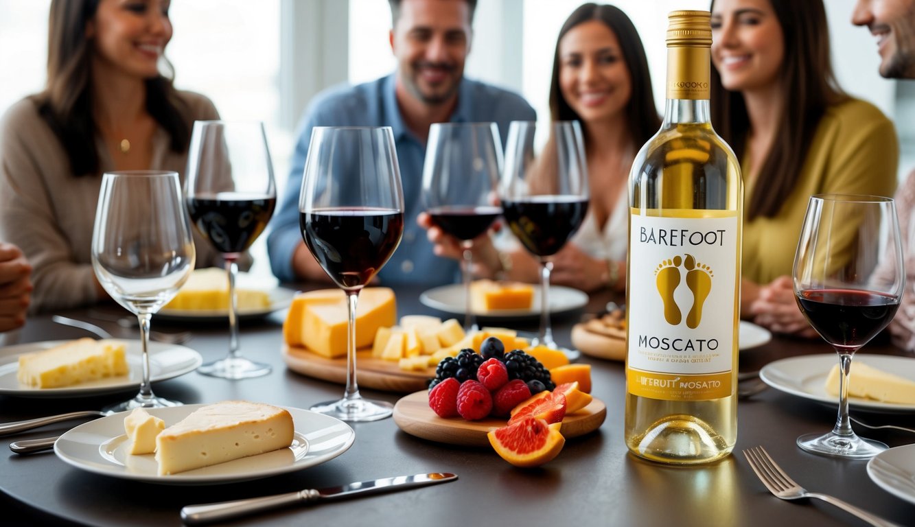 A table set with wine glasses, cheese, and fruit. A bottle of Barefoot Moscato stands open, with friends gathered around