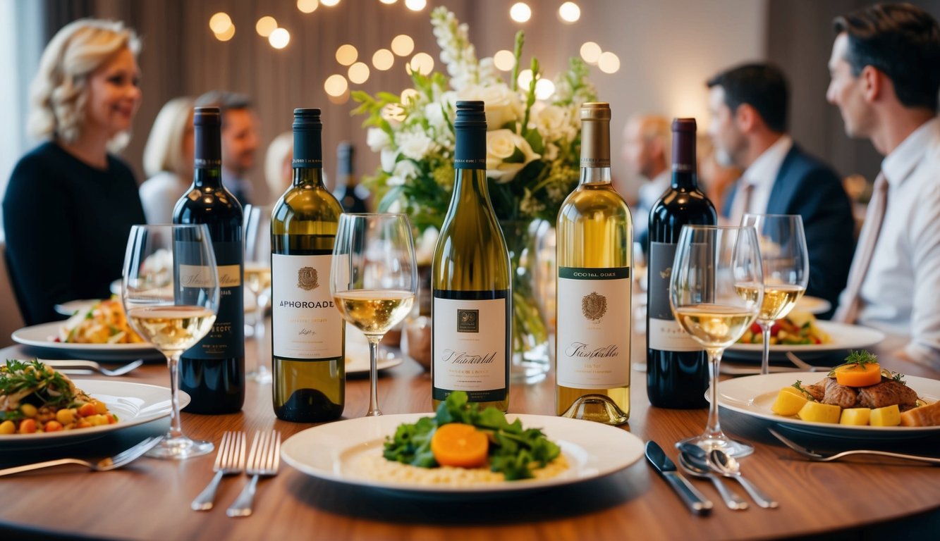 A table set with various dinner party dishes, surrounded by bottles of affordable wines in elegant glasses