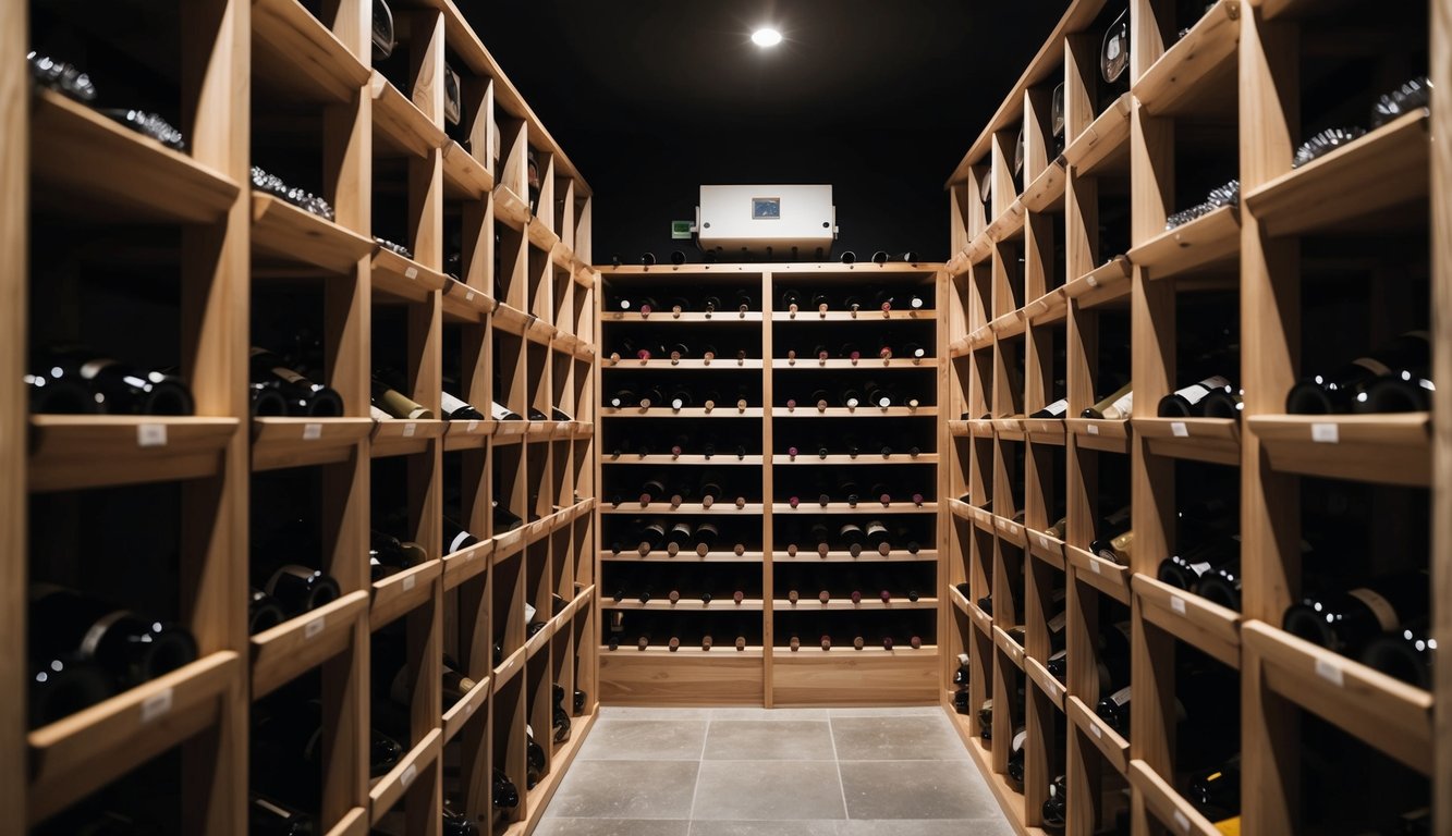 A dimly lit wine cellar with rows of wooden wine racks, each holding bottles of various shapes and sizes. A temperature and humidity control system is visible in the background