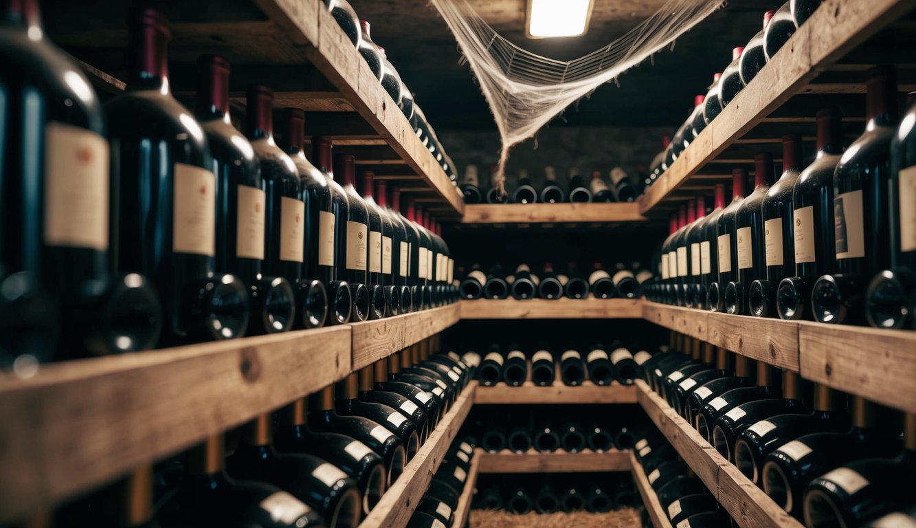 A dimly lit cellar with rows of affordable wine bottles aging on wooden racks. Dusty cobwebs hang from the ceiling, adding to the atmosphere of aged elegance