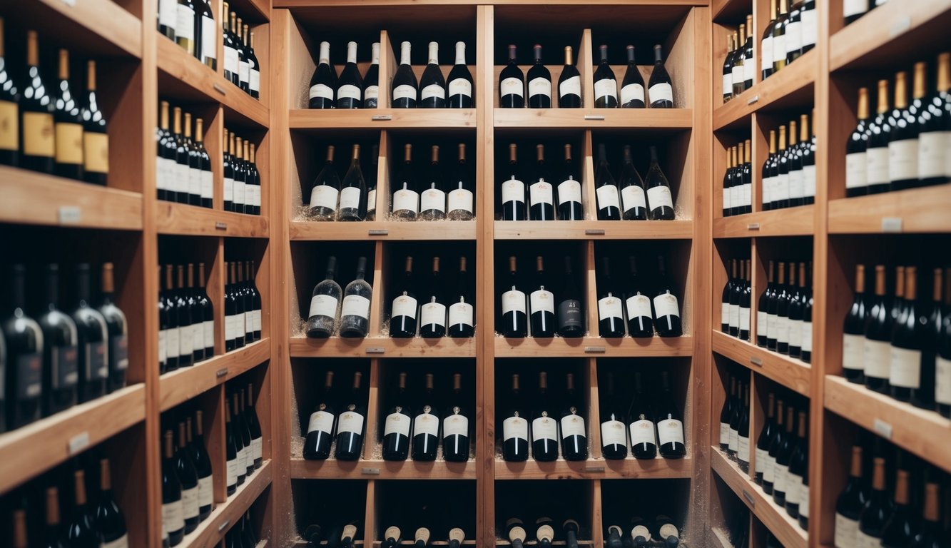 A dimly lit wine cellar with rows of affordable wines neatly organized on wooden racks, some bottles covered in dust, suggesting they have been aging for some time