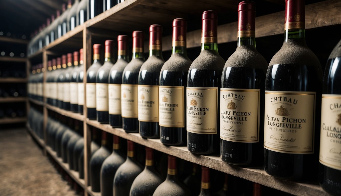 A dimly lit cellar with rows of dusty wine bottles, bearing the label "Château Pichon Longueville Comtesse de Lalande," aging gracefully on wooden racks