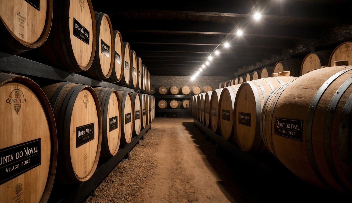 A dimly lit cellar with rows of dusty wooden wine barrels, each adorned with a small plaque bearing the label "Quinta do Noval Vintage Port."