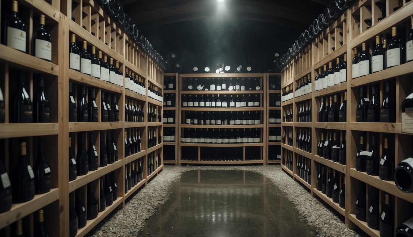 A dimly lit cellar with rows of wooden wine racks holding bottles of Domaine de la Romanée-Conti Échézeaux wines, surrounded by a cool, damp atmosphere