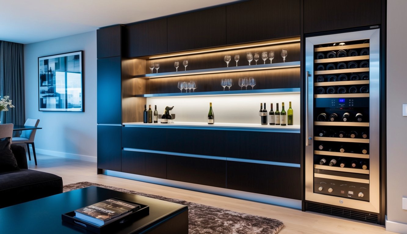 A modern living room with built-in wine storage, featuring sleek shelves and a glass door to showcase the collection