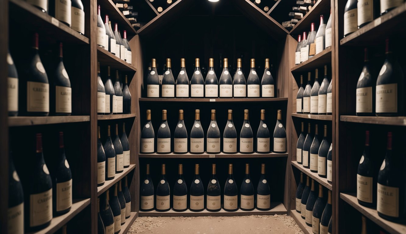 A dimly lit wine cellar filled with rows of dusty bottles of Château Léoville Las Cases, aging gracefully on wooden racks