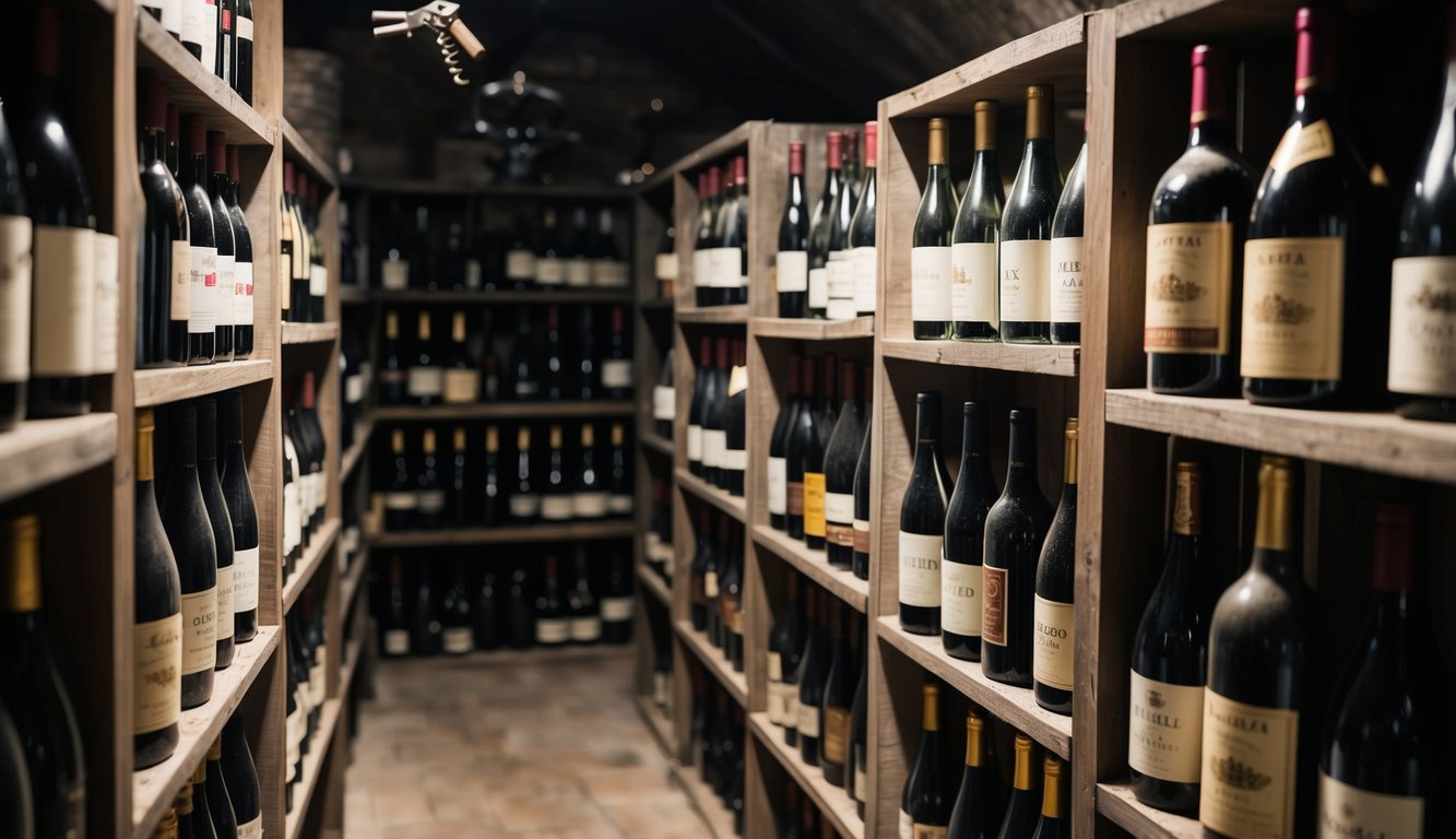 A dimly lit cellar with rows of dusty wine bottles on wooden racks. Some bottles have vintage labels and corkscrew openers nearby