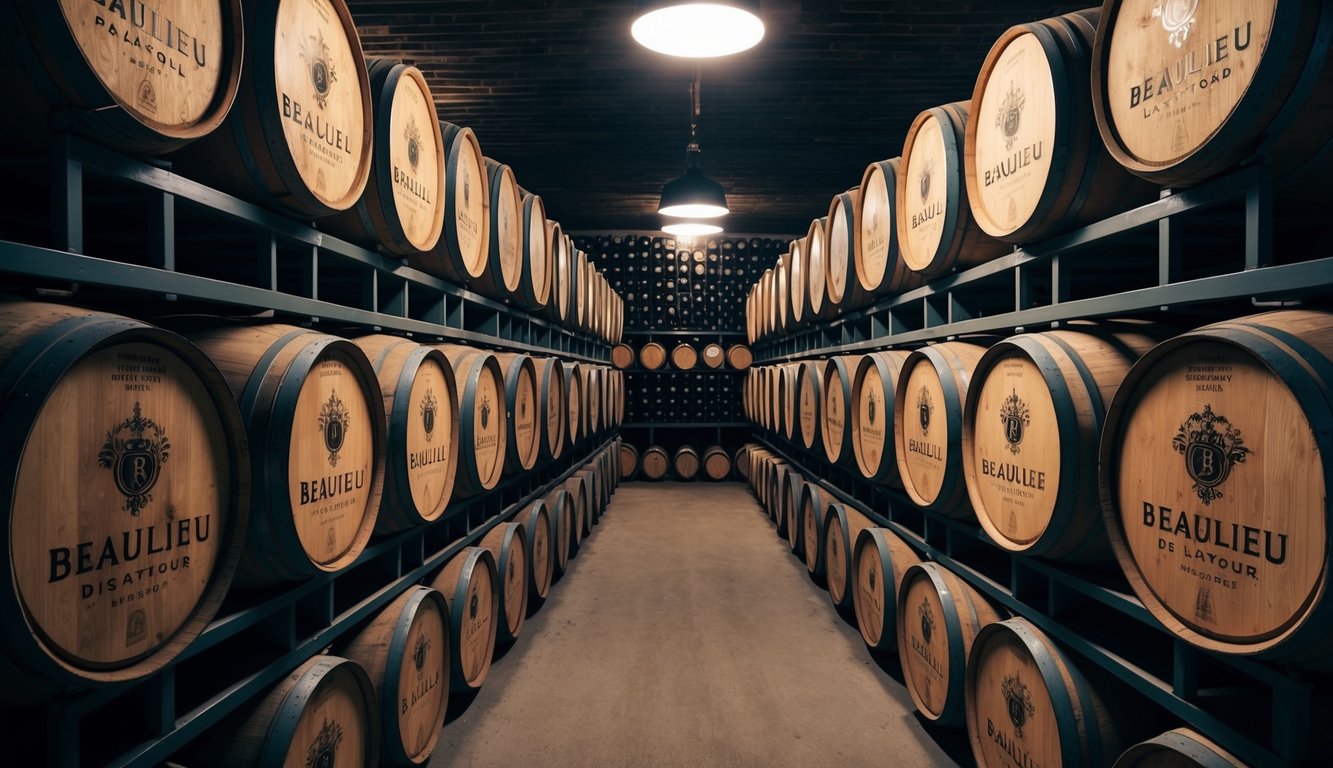 A dimly lit cellar with rows of dusty oak barrels, each labeled with the Beaulieu Vineyard Georges de Latour Private Reserve logo