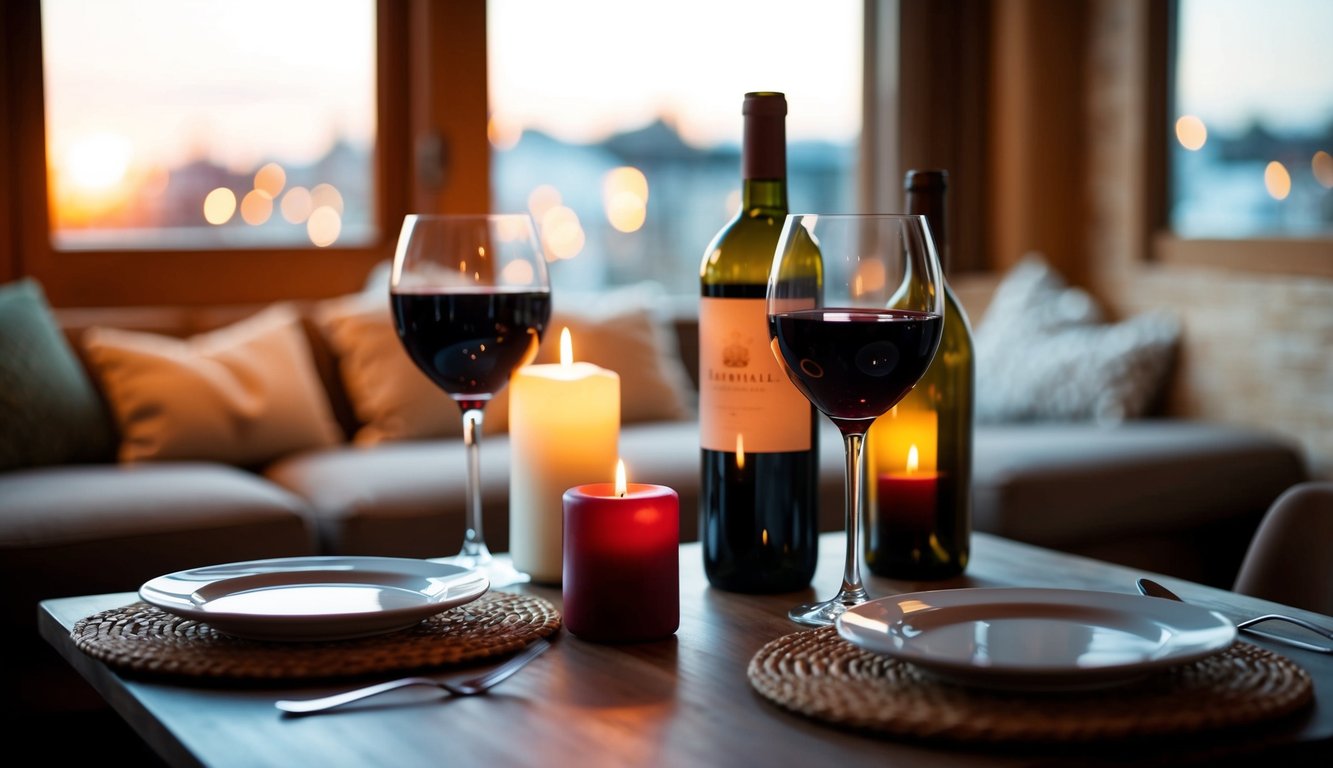 A cozy table set with two glasses of red wine, a bottle, and a candle