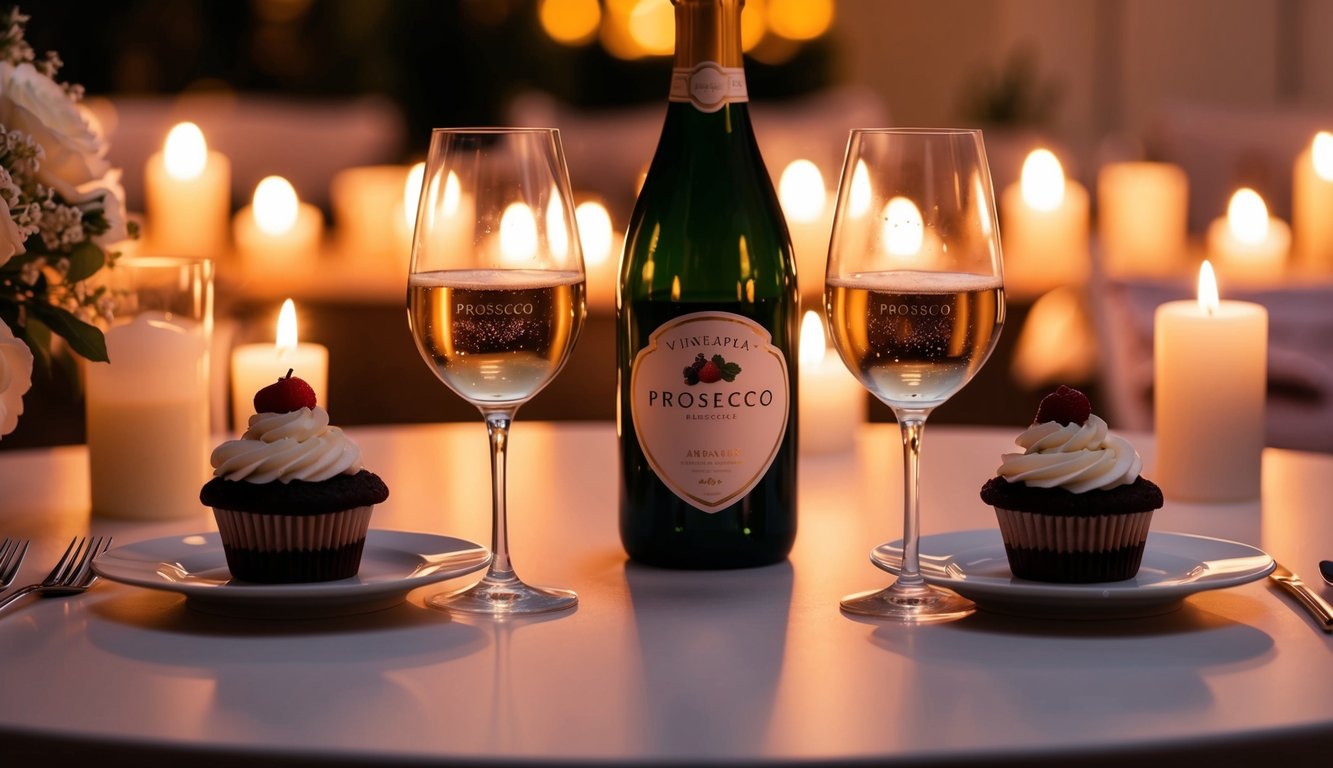 A romantic table set with two glasses of Cupcake Vineyards Prosecco, a bottle, and a candlelit ambiance