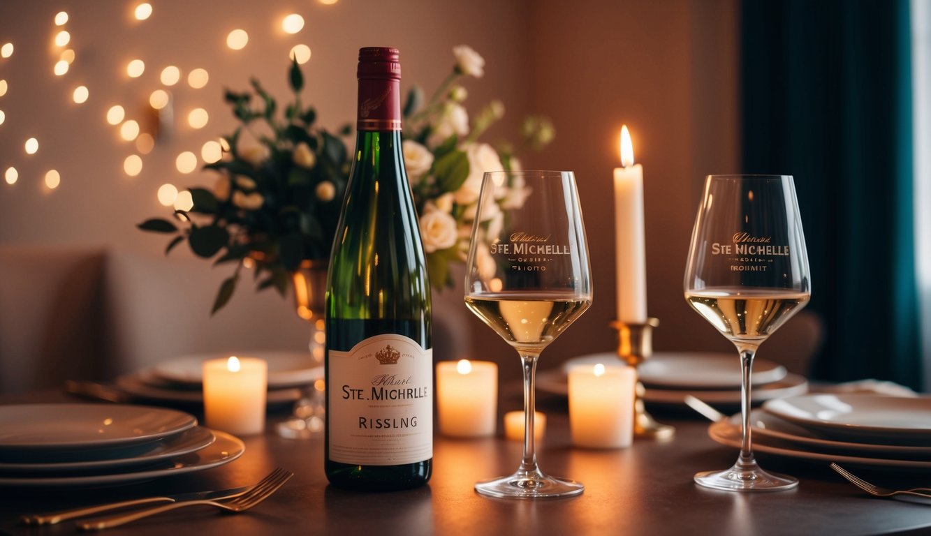 A cozy table set with two glasses of Chateau Ste. Michelle Riesling, surrounded by soft candlelight and a romantic ambiance