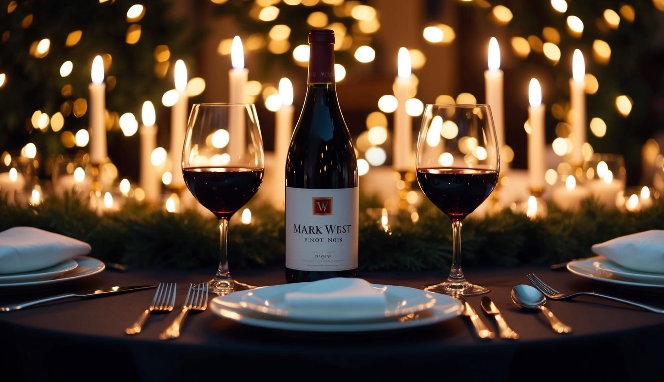 A cozy table set with two glasses of red wine, a bottle of La Vieille Ferme Rouge, and a flickering candle, creating the perfect ambiance for a romantic date night