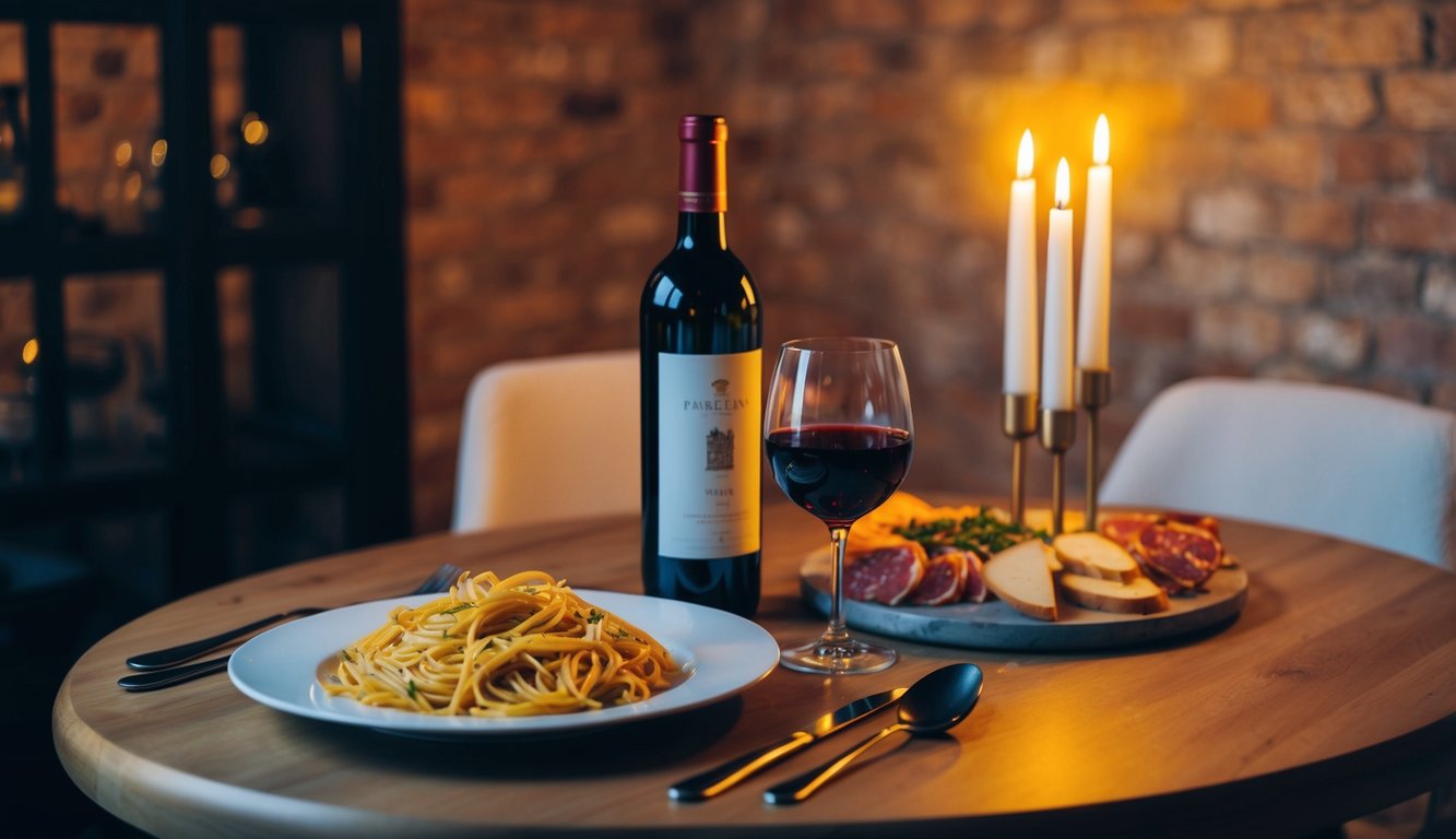 A cozy table set with a candlelit dinner, featuring a bottle of red and white wine next to a plate of pasta and a charcuterie board