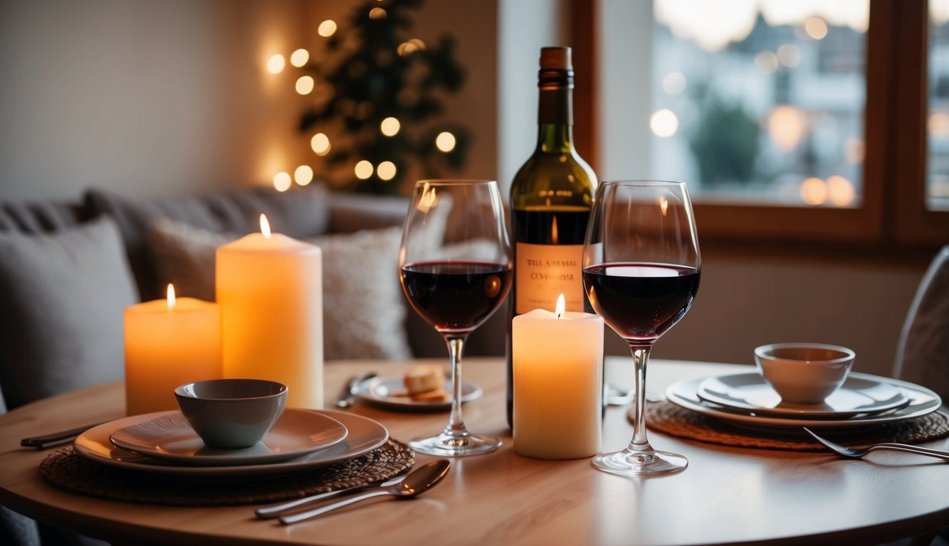 A cozy table set with two glasses of red wine, a bottle, and a candle, surrounded by soft lighting and a romantic ambiance