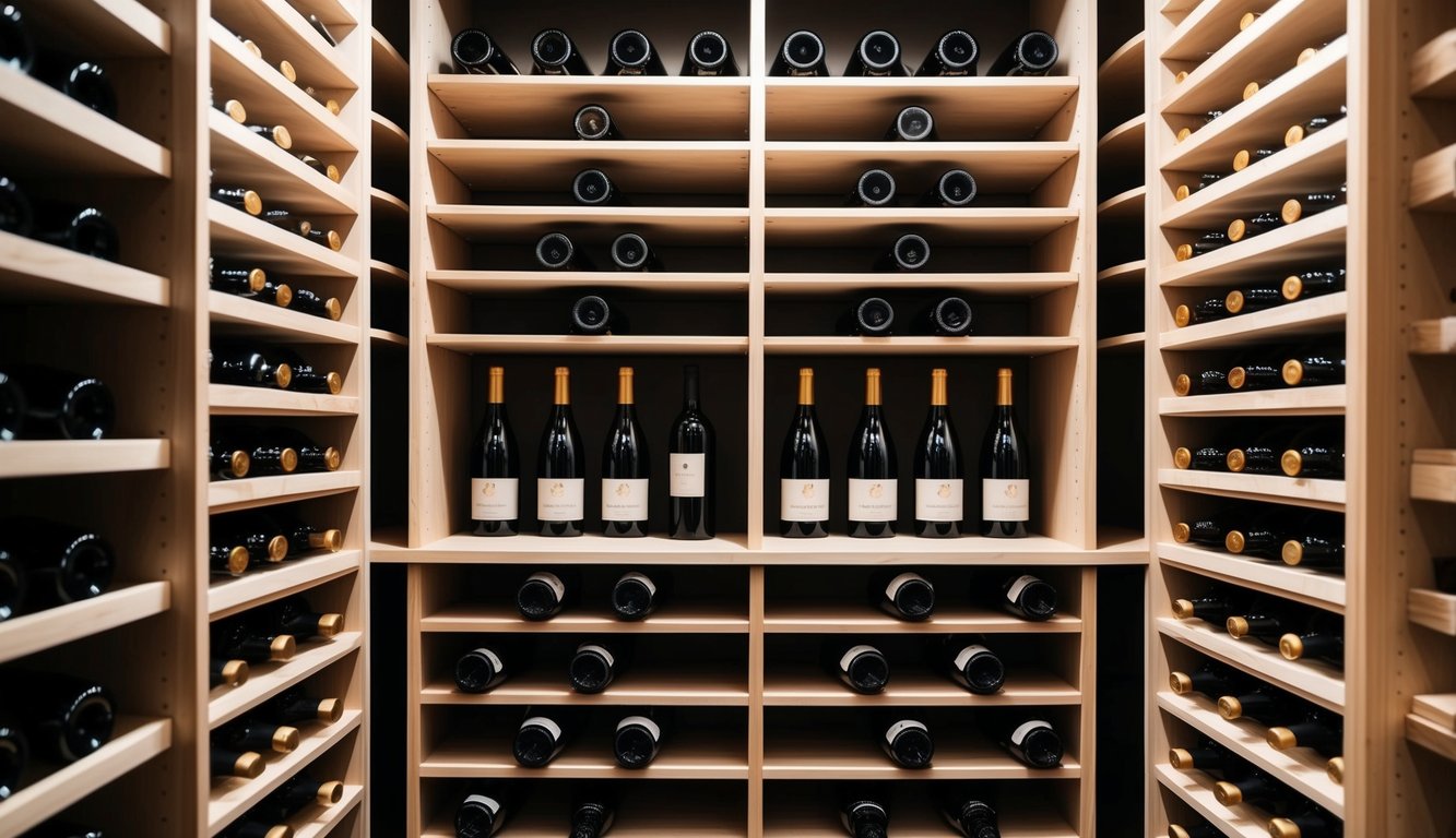 A wine cellar with neatly organized racks, temperature control, and proper lighting to showcase the bottles