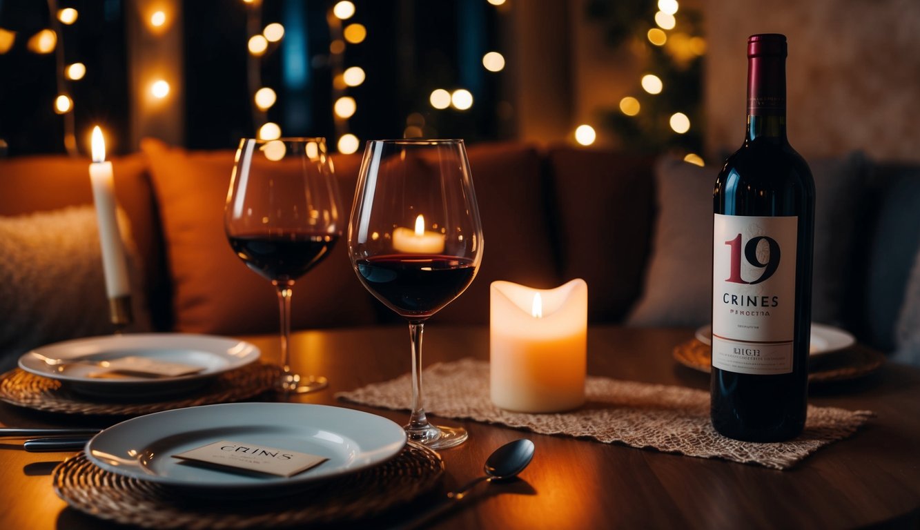 A cozy table set with two glasses of 19 Crimes Red Blend, a bottle, and a flickering candle, creating a romantic ambiance for a date night