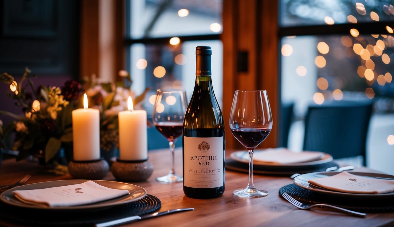 A cozy table set for two with a bottle of Apothic Red Winemaker's Blend, two glasses, and a candlelit ambiance