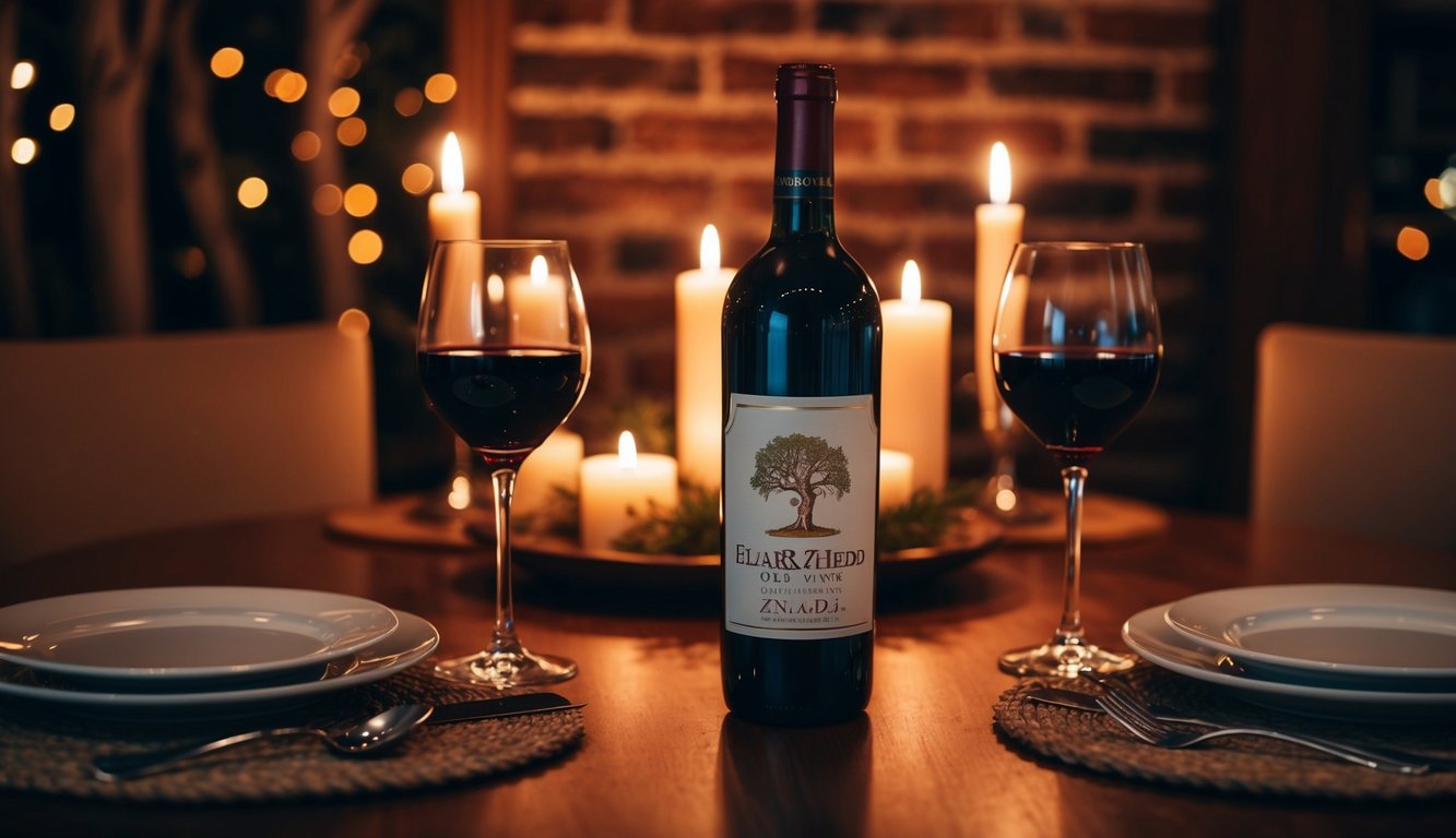 A cozy table set with two glasses of red wine and a bottle of Gnarly Head Old Vine Zinfandel, surrounded by candlelight and a romantic ambiance