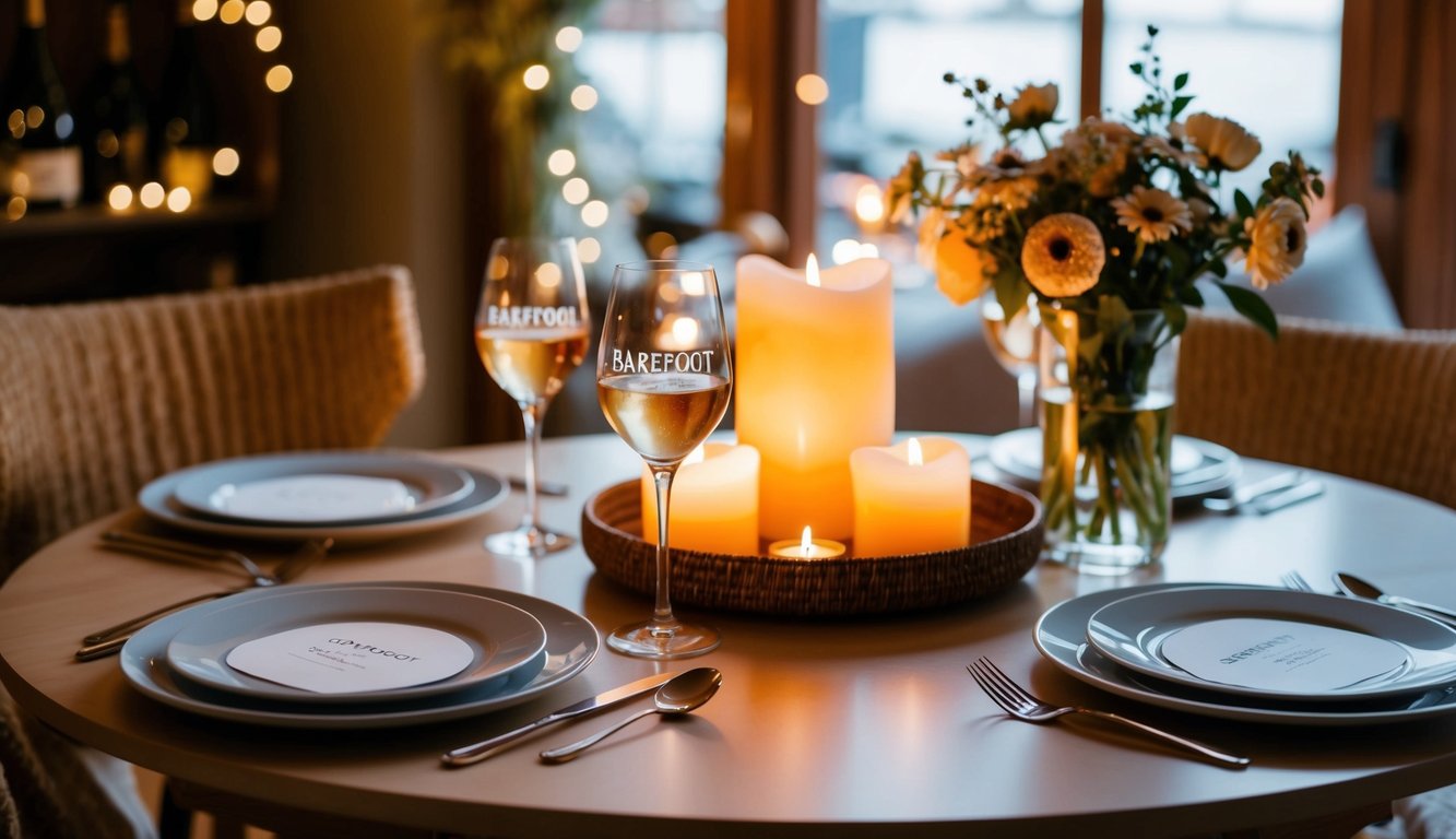 A cozy table set with two glasses of Barefoot Moscato, surrounded by soft candlelight and a vase of fresh flowers