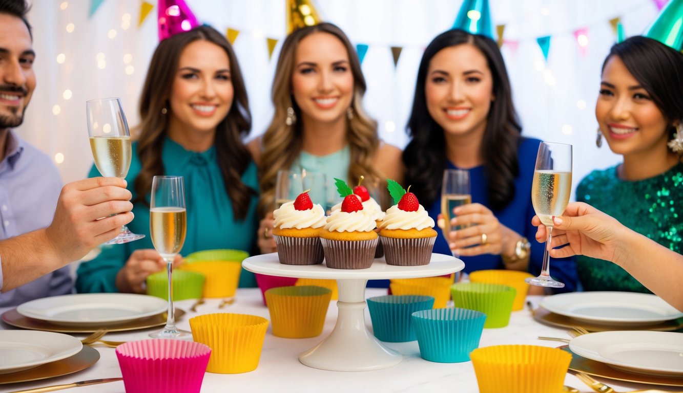 A festive table set with Cupcake Vineyards Prosecco, surrounded by colorful decorations and cheerful partygoers