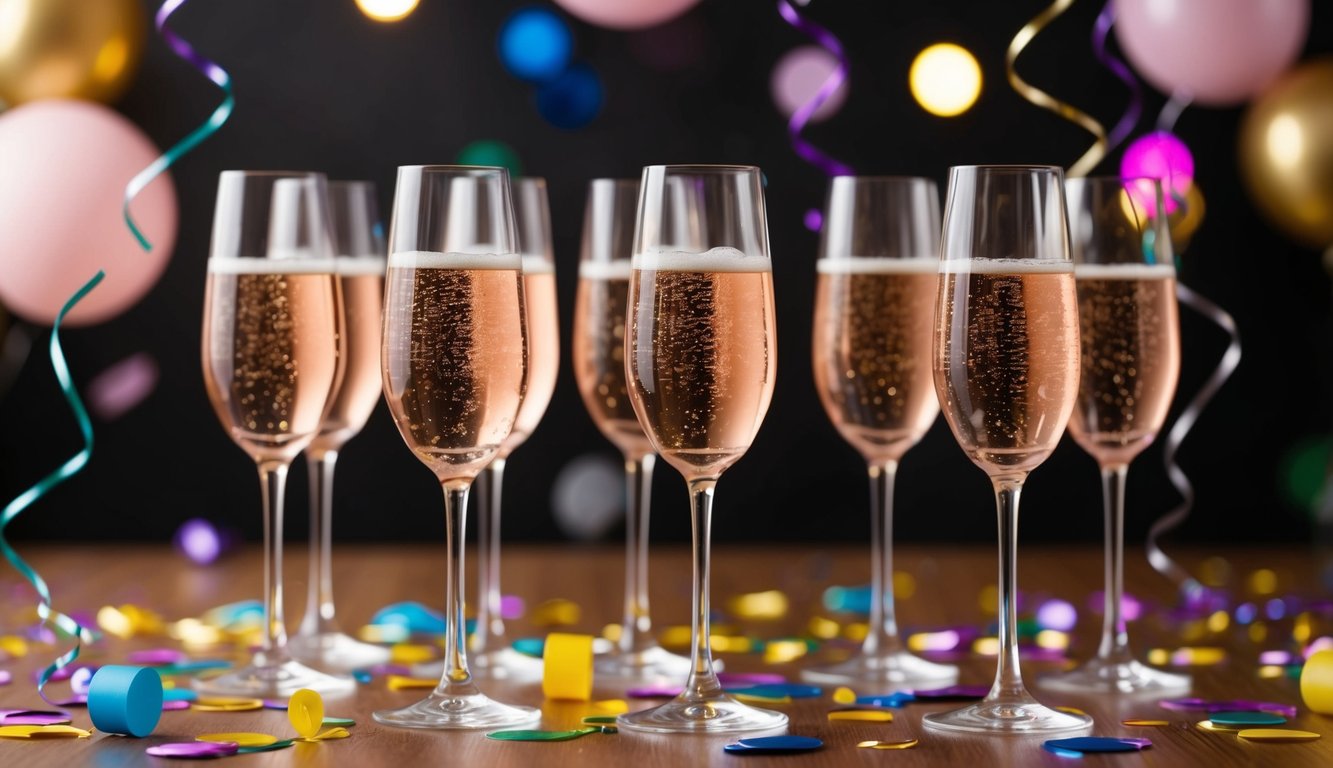 A group of champagne glasses filled with bubbling rosé wine, surrounded by colorful confetti and streamers