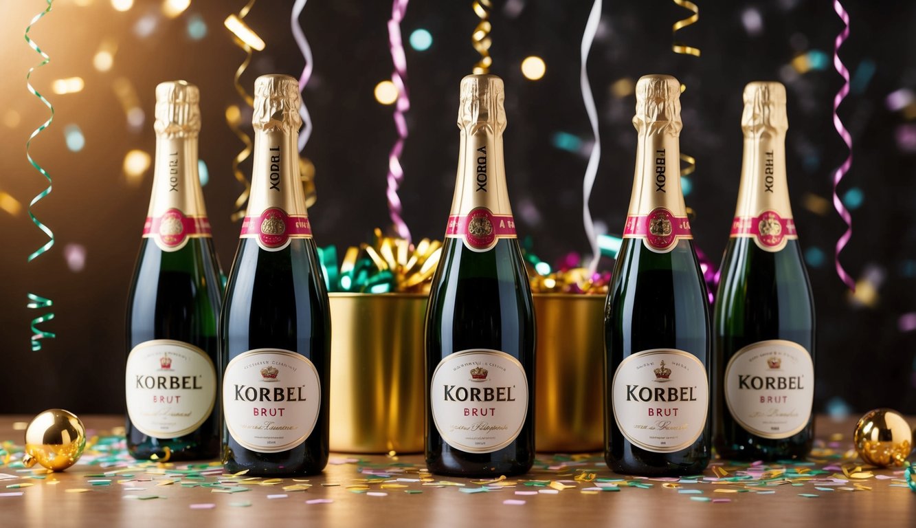 Bottles of Korbel Brut sparkling wine arranged on a festive table with confetti and streamers