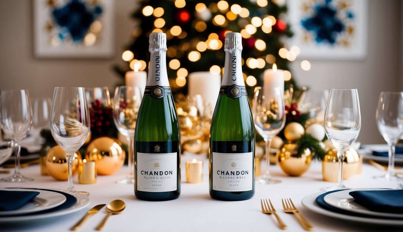 A festive table setting with Chandon Blanc de Noirs bottles, elegant glassware, and celebratory decorations