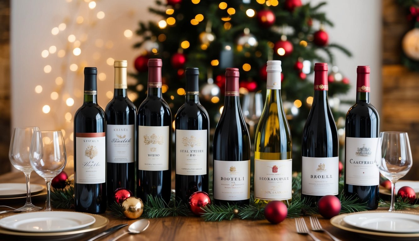 A table set with various bottles of wine, surrounded by festive decorations and glassware