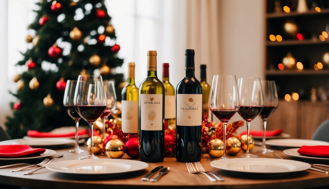 A table set with an assortment of affordable wines and festive decorations, ready for a celebration