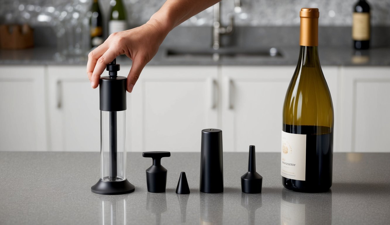 A hand reaching for a vacuum pump and stoppers on a countertop next to an open bottle of wine