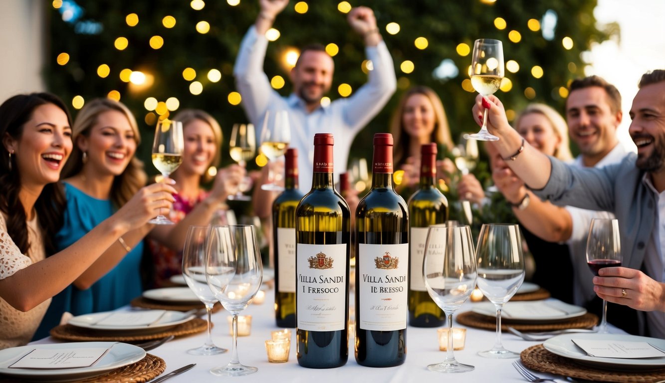 A festive table set with Villa Sandi Il Fresco wine bottles and glasses, surrounded by joyful guests celebrating