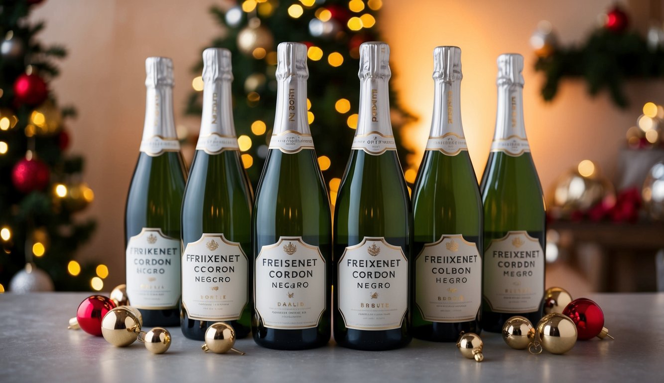 Bottles of Freixenet Cordon Negro Brut arranged with festive decorations