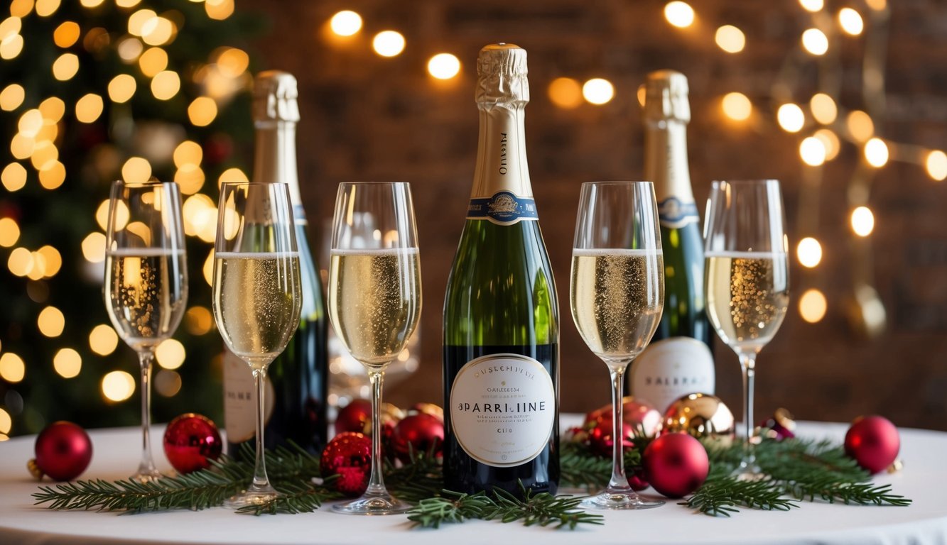 A table set with sparkling wine bottles, elegant glasses, and festive decorations