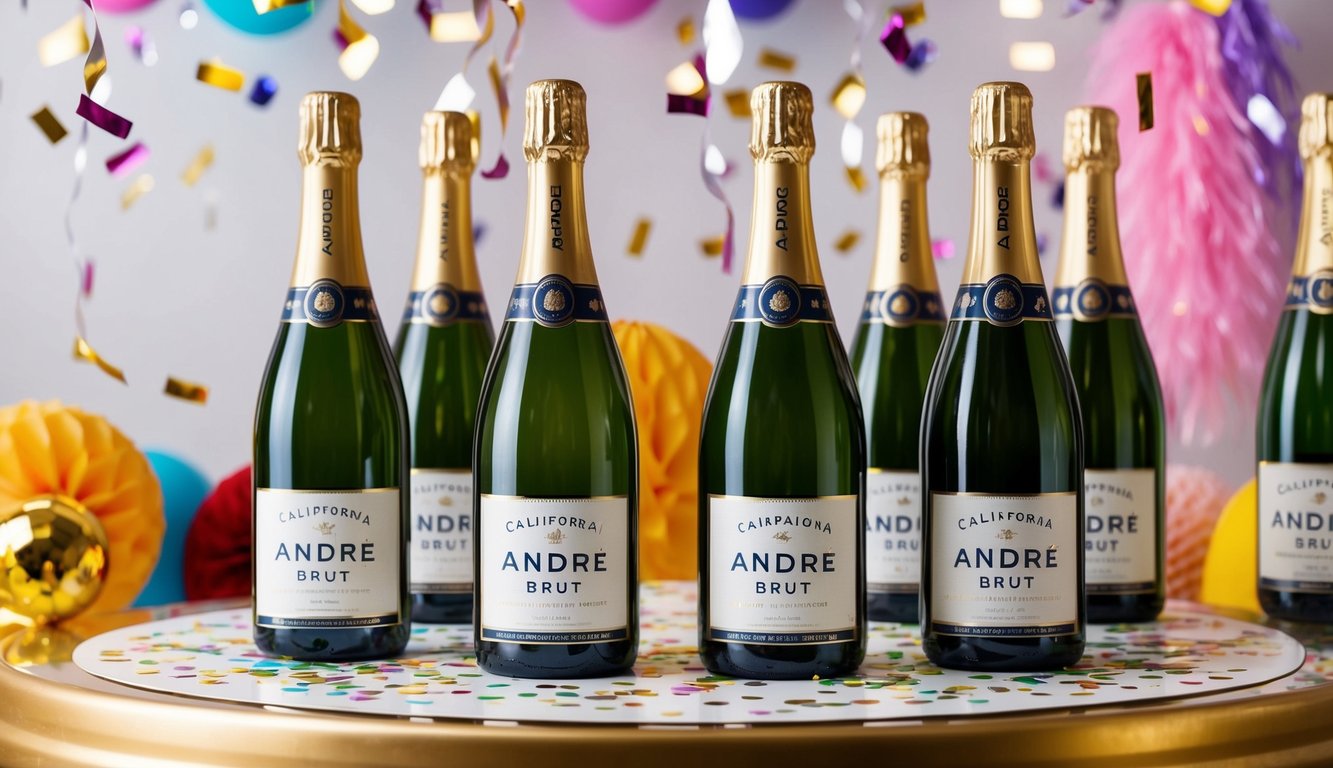 Bottles of Andre Brut California Champagne displayed on a festive table with confetti and party decorations