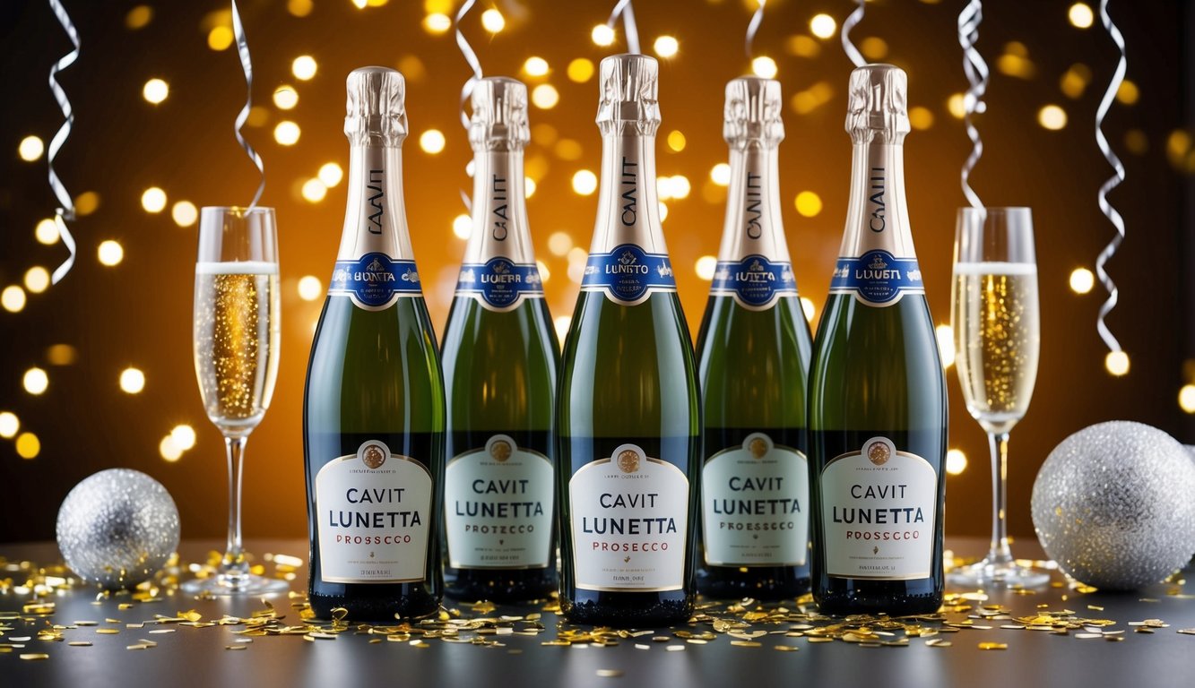 Bottles of Cavit Lunetta Prosecco arranged on a festive table with sparkling decorations and confetti for a celebration