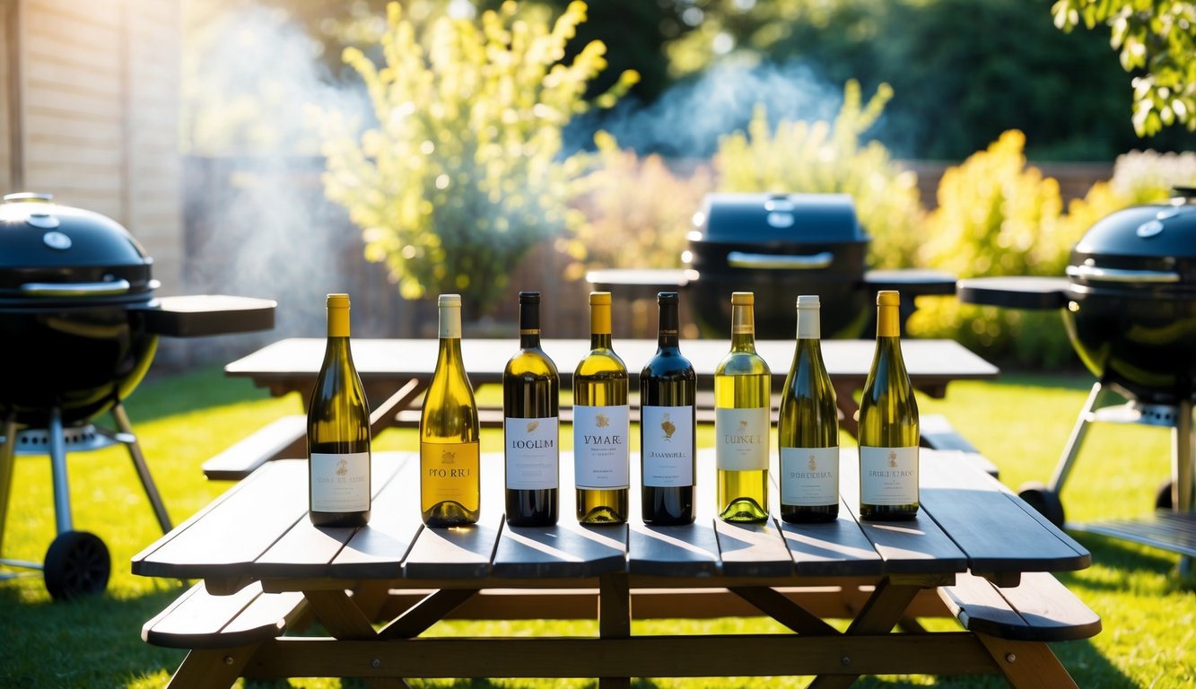 A table with various bottles of wine, surrounded by BBQ grills and picnic tables in a sunny backyard setting