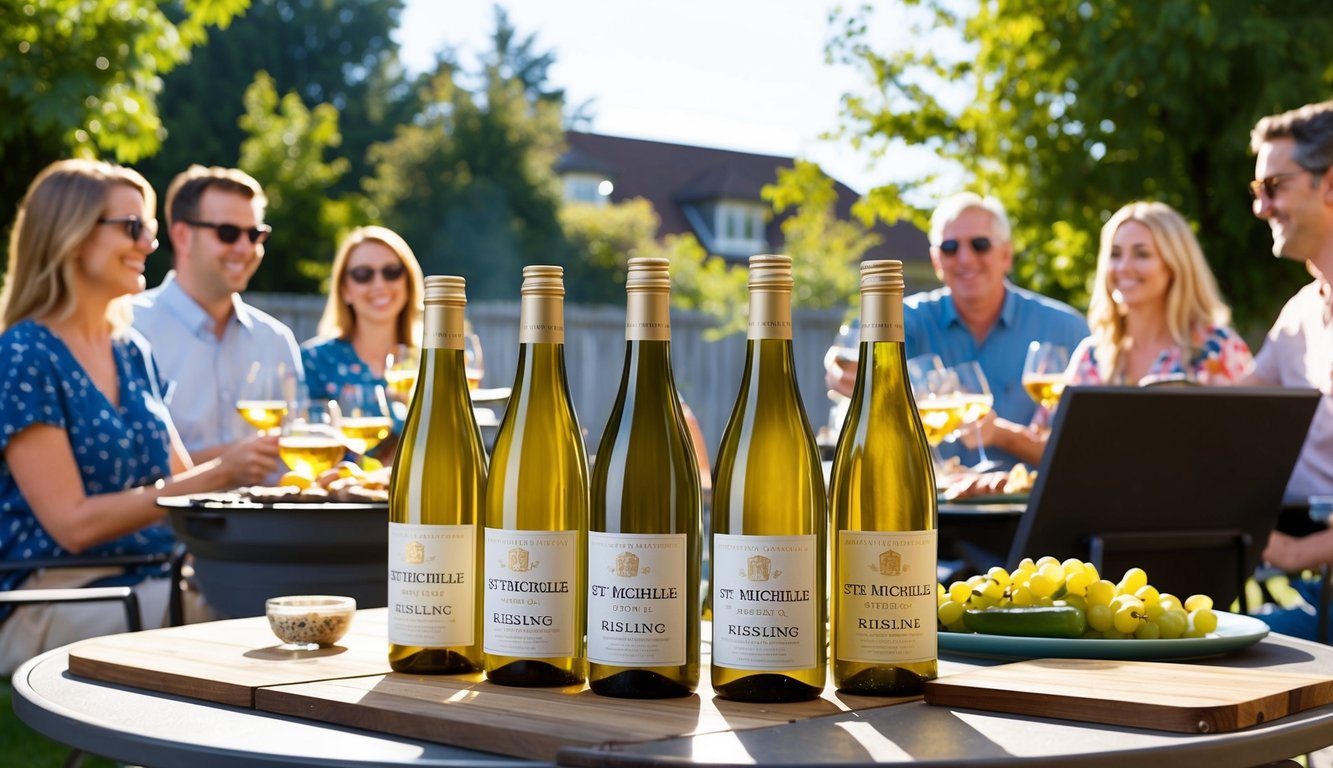 A sunny backyard BBQ with a table set with Chateau Ste. Michelle Riesling bottles, surrounded by friends and family enjoying the affordable wines