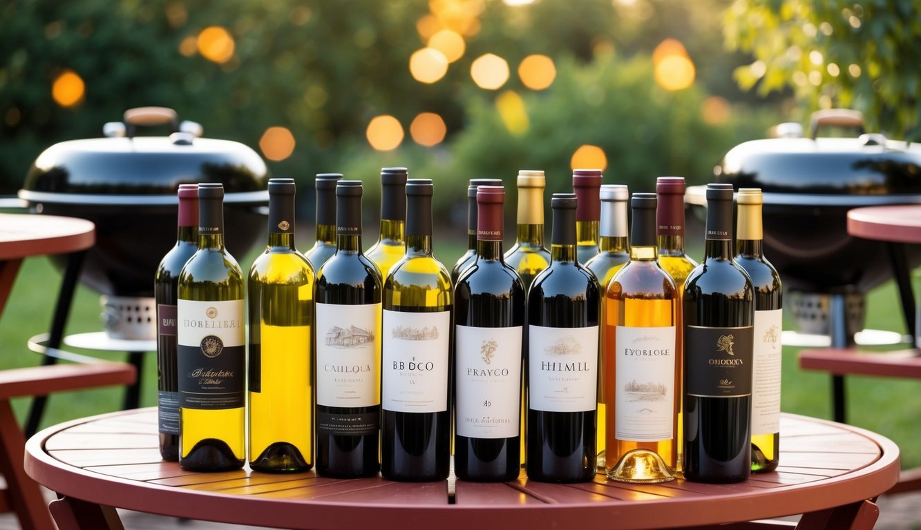 A colorful array of wine bottles surrounded by BBQ grills and picnic tables